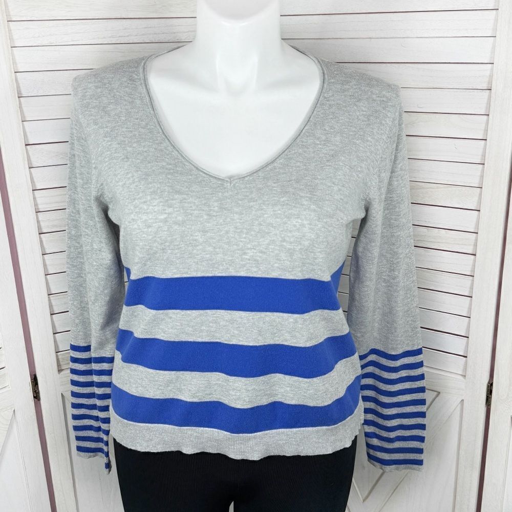 JCP Striped V-neck Popover Sweater Gray Blue XL Long Sleeve